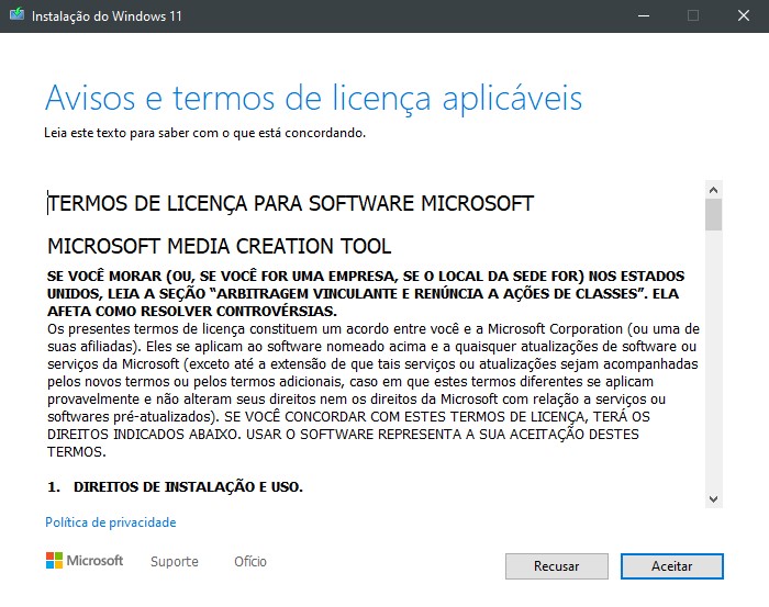 Acepte los términos de la licencia de Windows 11