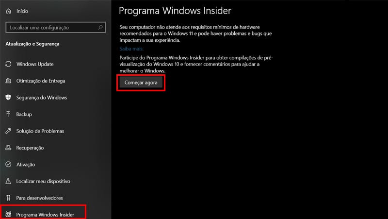 Programa Windows Insider para instalar Windows 11