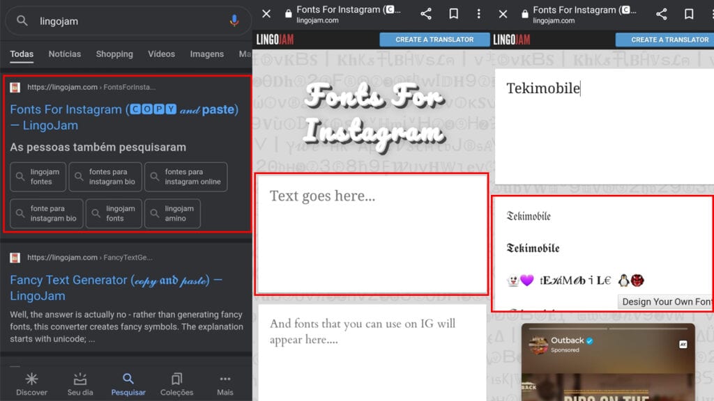 La captura de pantalla muestra los pasos iniciales para encontrar fuentes para instagram usando el sitio de lingo jam